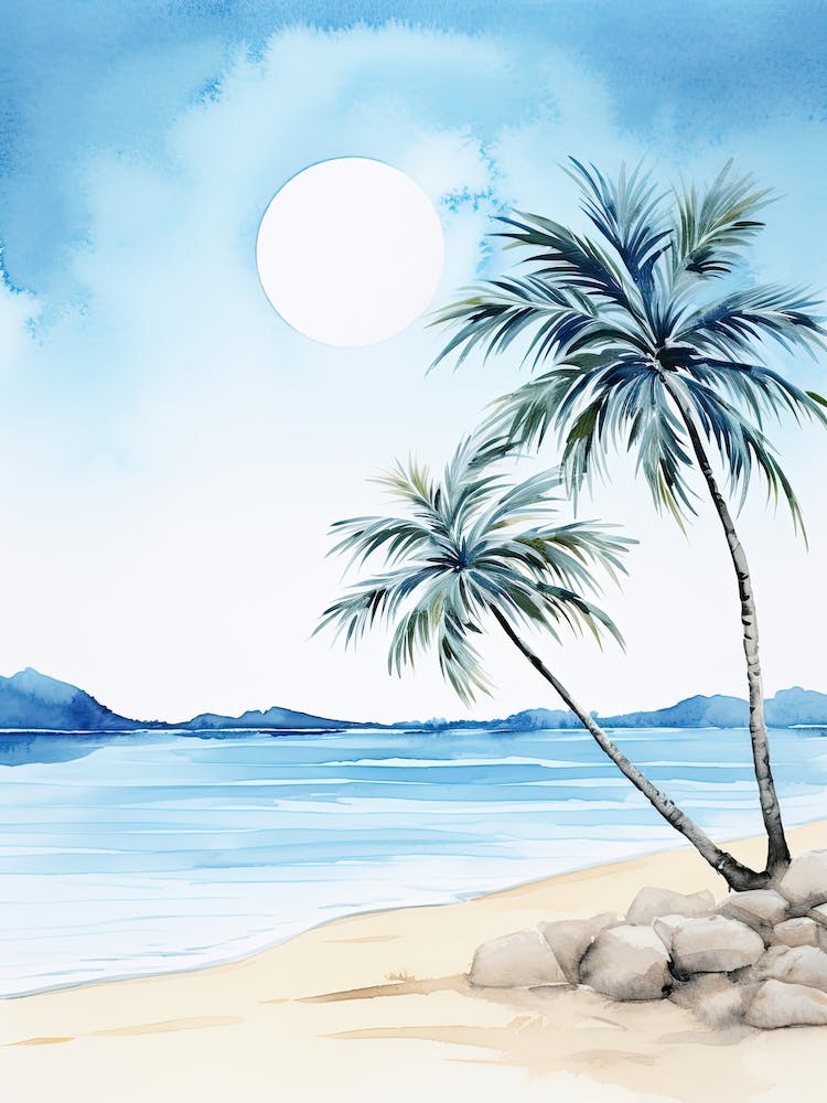 Watercolour Of Paradise Beach   Mykonos Greece 3