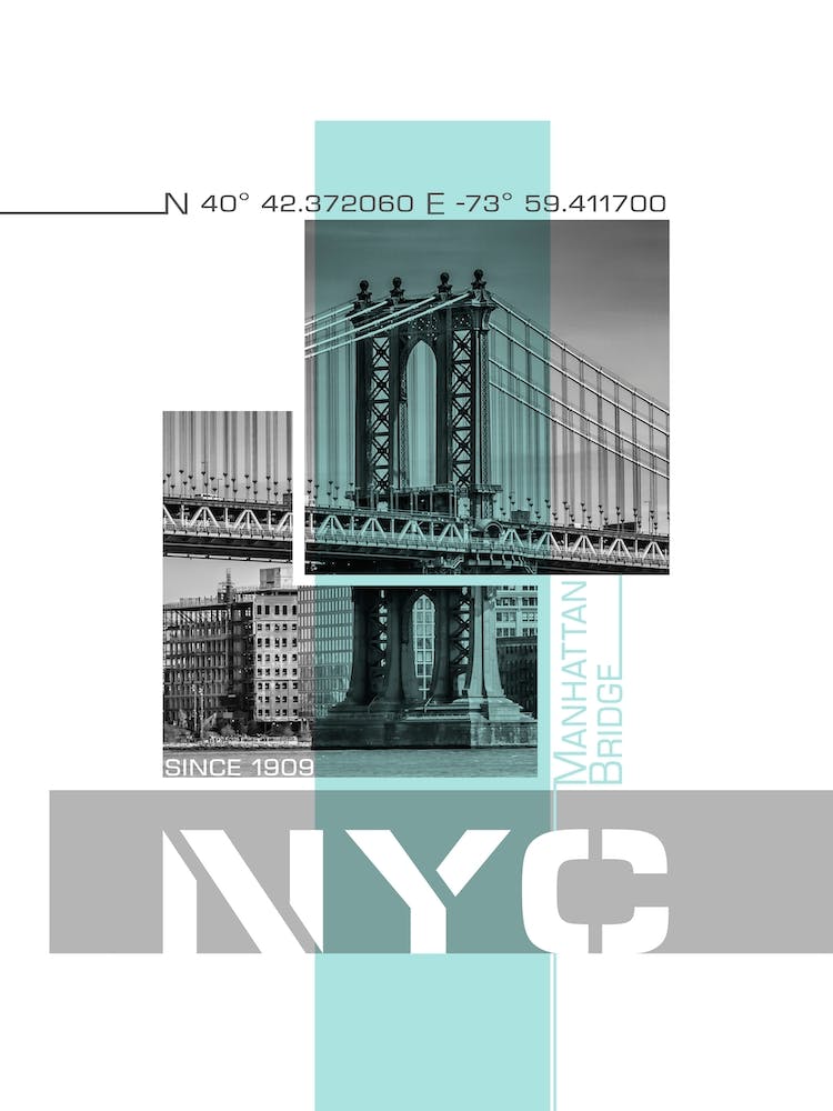 Poster Art Nyc Manhattan Bridge & East River Turquoise
