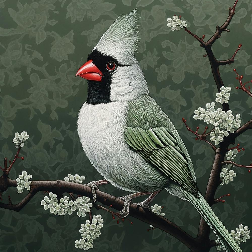 Ohara Koson Inspired Bird Painting Northern Cardinal 3 Square