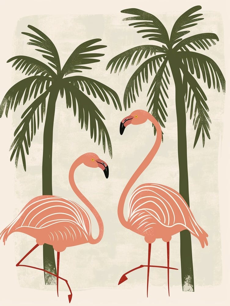 Lesser Flamingo And Palm Trees Minimalist Illustration 1