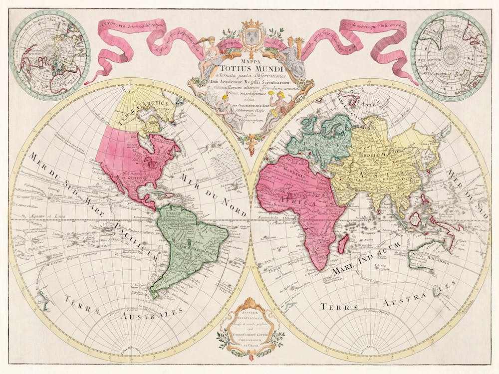 Mapa Totius Mundi Adornata Juxta Observationes (1682)