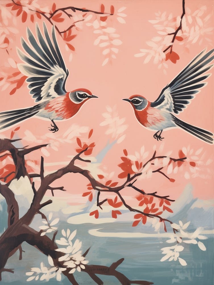 Vintage Japanisch Inspiriert Vogeldruck Spottdrossel 4