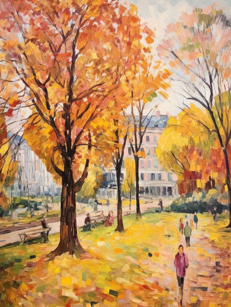 Autumn City Park Painting Parc De La Tete D Or Lyon France 1
