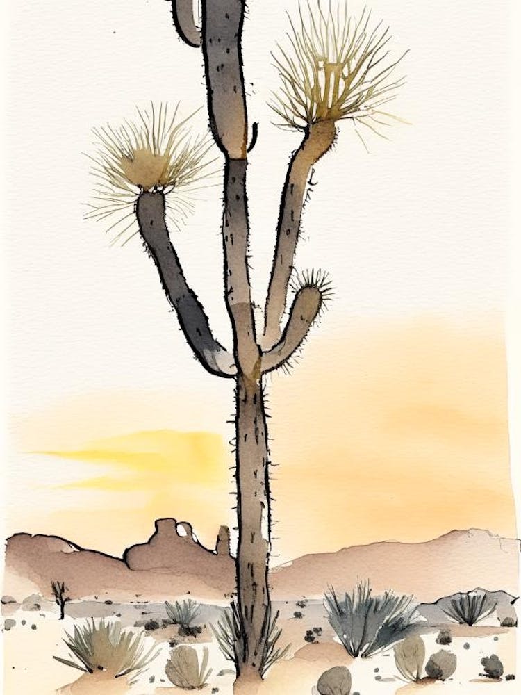 Joshua Trees At Dawn In Desert Minimilist Watercolour  (3)