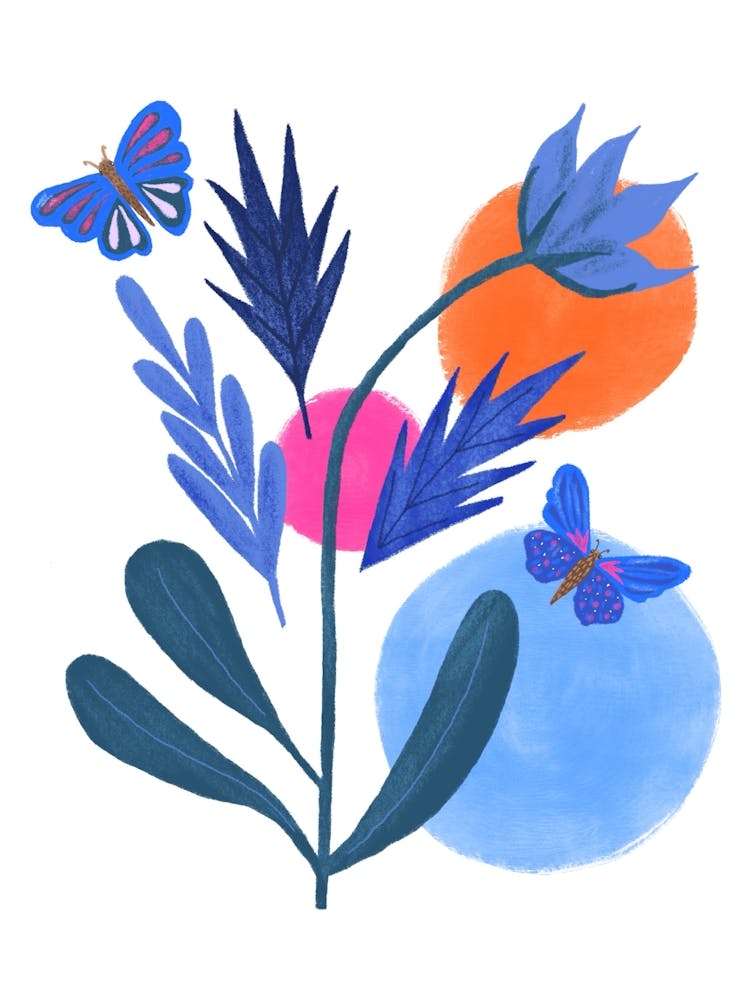 Blaue Schmetterlinge und Blumen