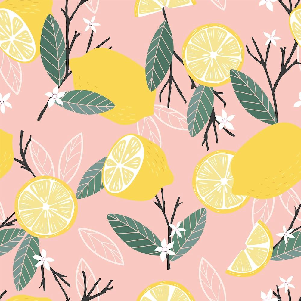 Lemon Pattern On Pink With Flowers And Branches Square