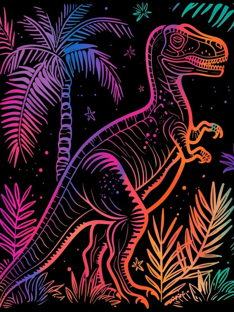 Neon Dinosaur With The Palm Trees At Night