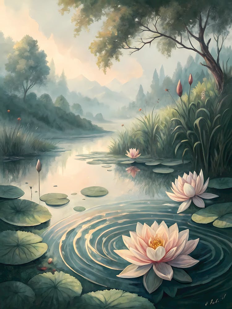 Oil Painting Style Lotus Pond With Circular Watercolor