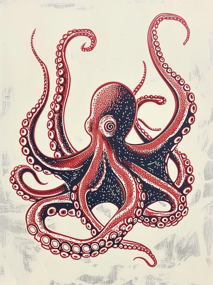 Sepia Red & Navy Octopus