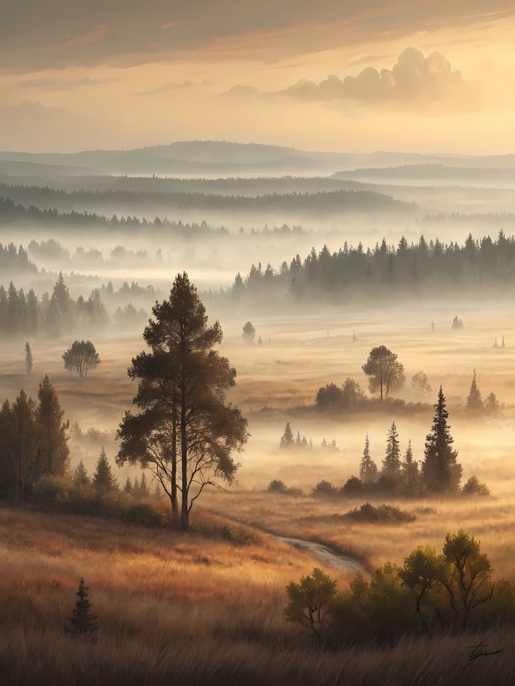 Oil Painting Style Fog Over Flatland And Forest