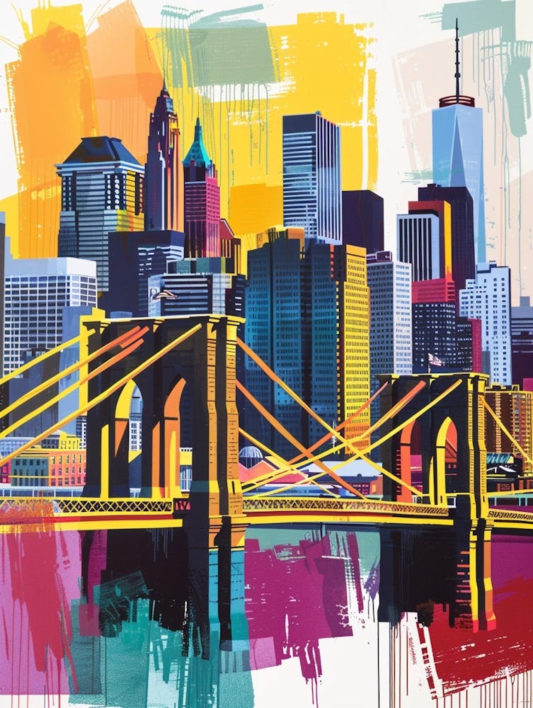 Brooklyn Skyline New York Bunte Siebdruck-Illustration 2