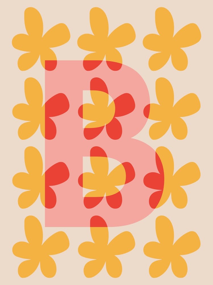 Alphabet Flower Letter B Print - Pink, Yellow, Red