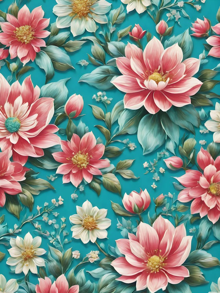 Painted Spring and Summer Flowers Boho Pattern - Turquoise Background Pink and White Blossom Bohemian Wallpaper Art Like Amy Butler and William Morris Fabric Print For Pagan Gallery Feature Wall Floral Botanical Luna Lover HD