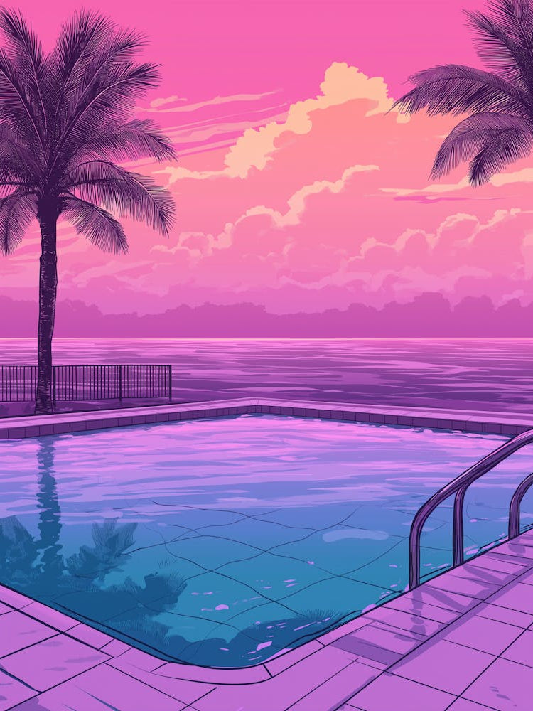 Swimming Pool, Palm Trees And The Sea In The Background