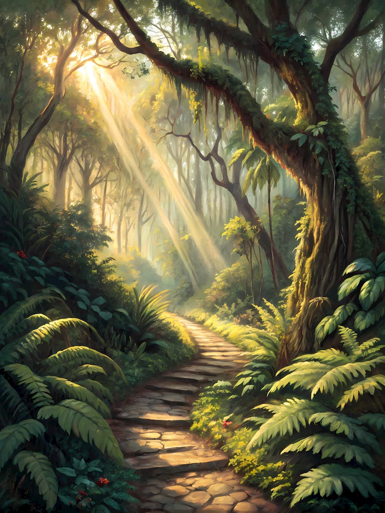 Sunlit Rainforest Path Lush Jungle Landscape with Light Rays