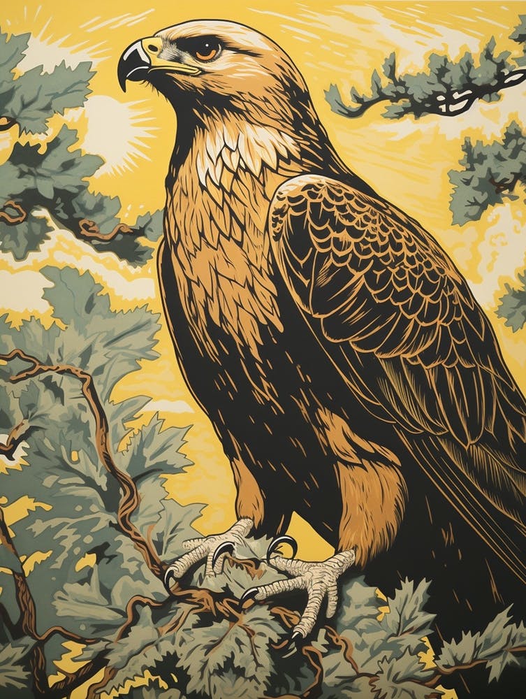 Vintage Bird Linocut Golden Eagle 1