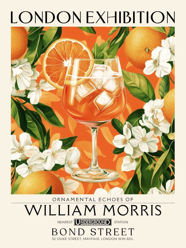 Aperol Spritz impression cocktail style William Morris art floral maximaliste, art mural boisson inspiré par l'été nature morte botanique vintage décor éclectique pour chariot de bar, salon, cuisine, salle à manger 12