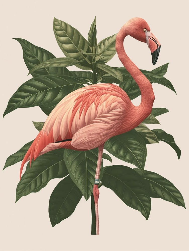 American Flamingo And Croton Plants Minimalist Illustration 1