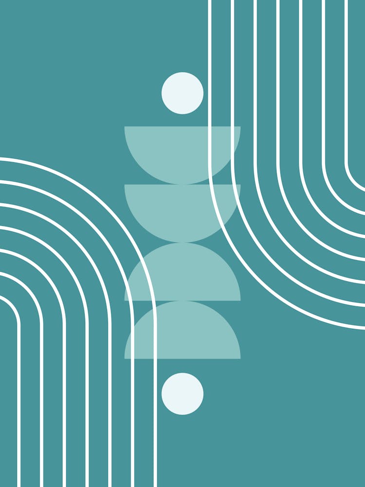 Modern Mid Century Sun, Moon Phases and Rainbow Abstract 36 in Teal Blue Green