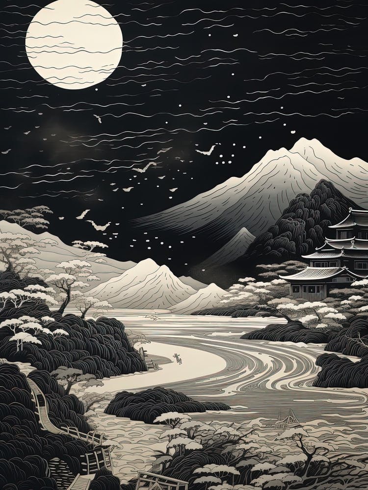 Sado Island In Niigata,, Ukiyo E Black And White Line Art Drawing 2