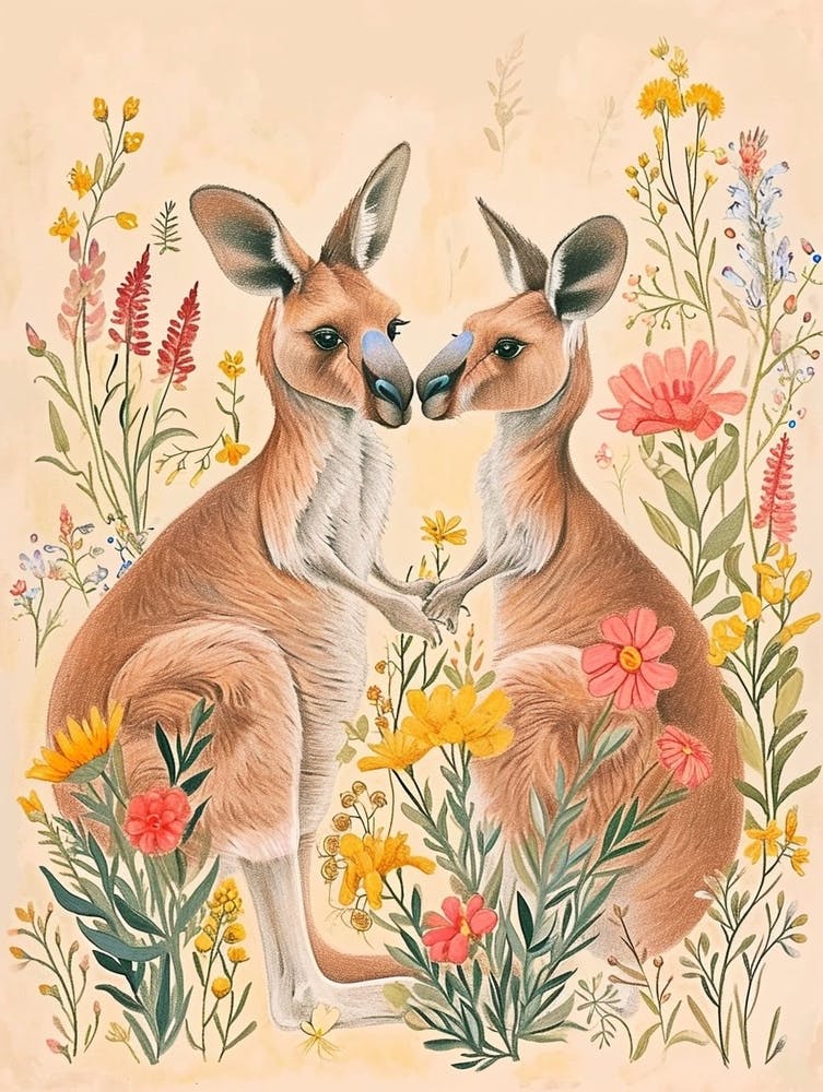 Folksy Floral Animal Drawing Kangaroo
