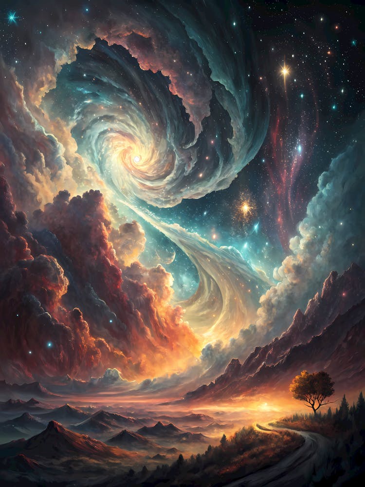 A Cosmic Landscape Featuring Swirling Nebulae Oil Painting Style