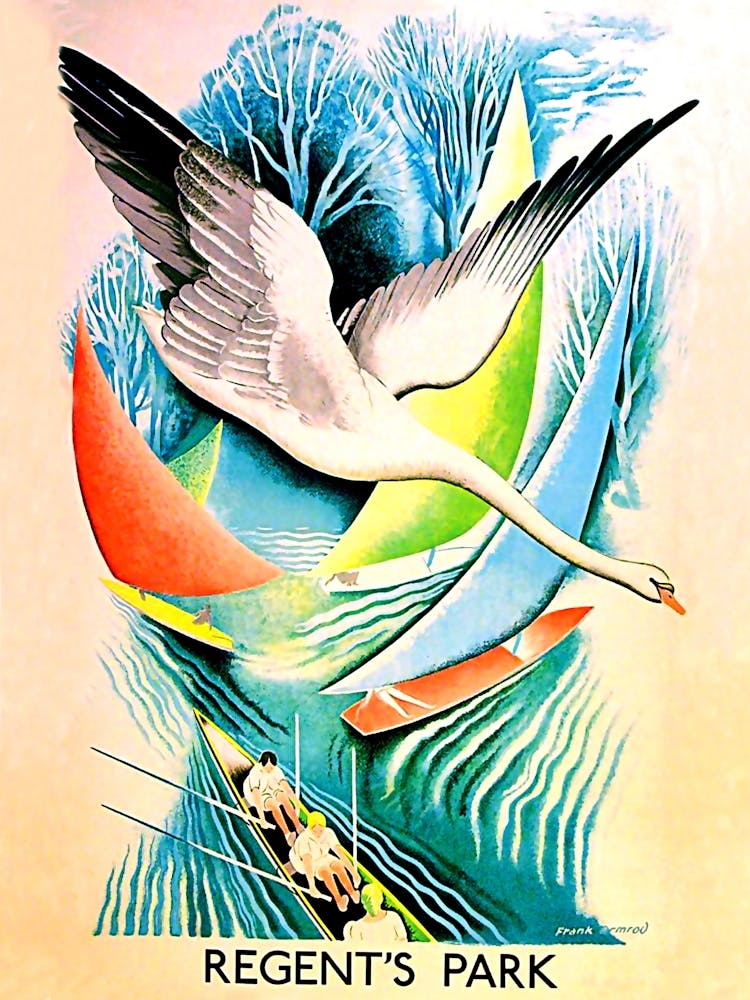 Rigents Park, Stork Over The Small Boat, England, Vintage Travel Poster