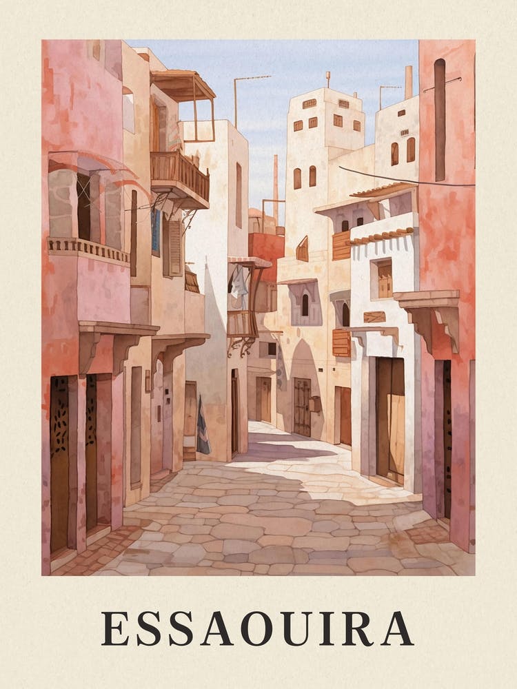 Essaouira Morocco 1 Affiche d'Illustration de Voyage Rose Vintage
