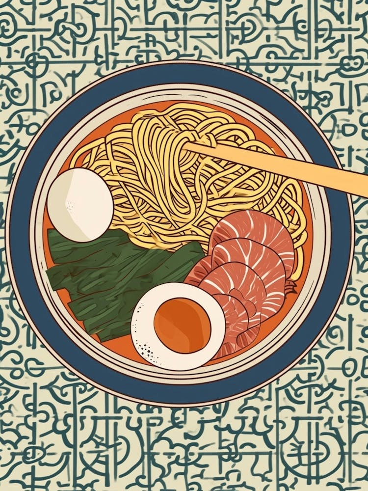 Ramen With Boiled Eggs On A Tiled Background 4