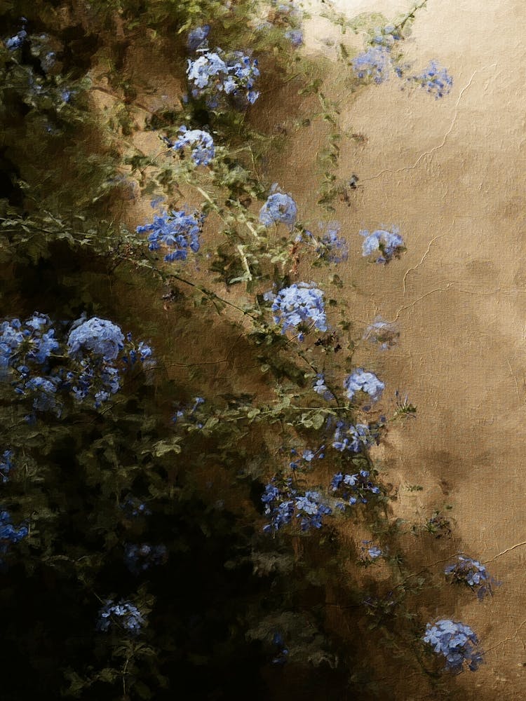 Blue Flowers Against Yellow Wall Oil Painting