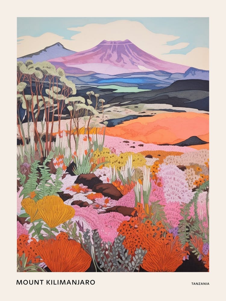 Mount Kilimanjaro Tanzania 2 Colourful Mountain Illustration Poster