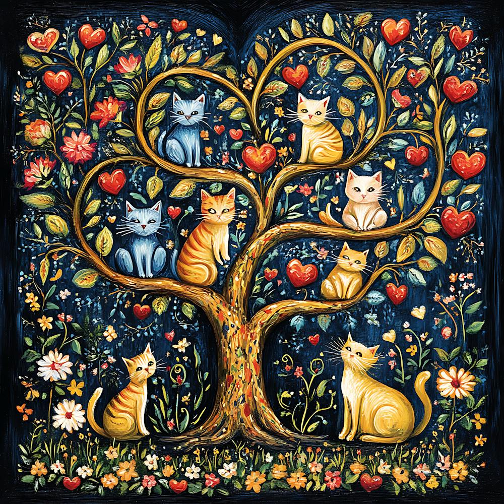 Folk Art Heart Tree Cat Climbing Artwork 10
