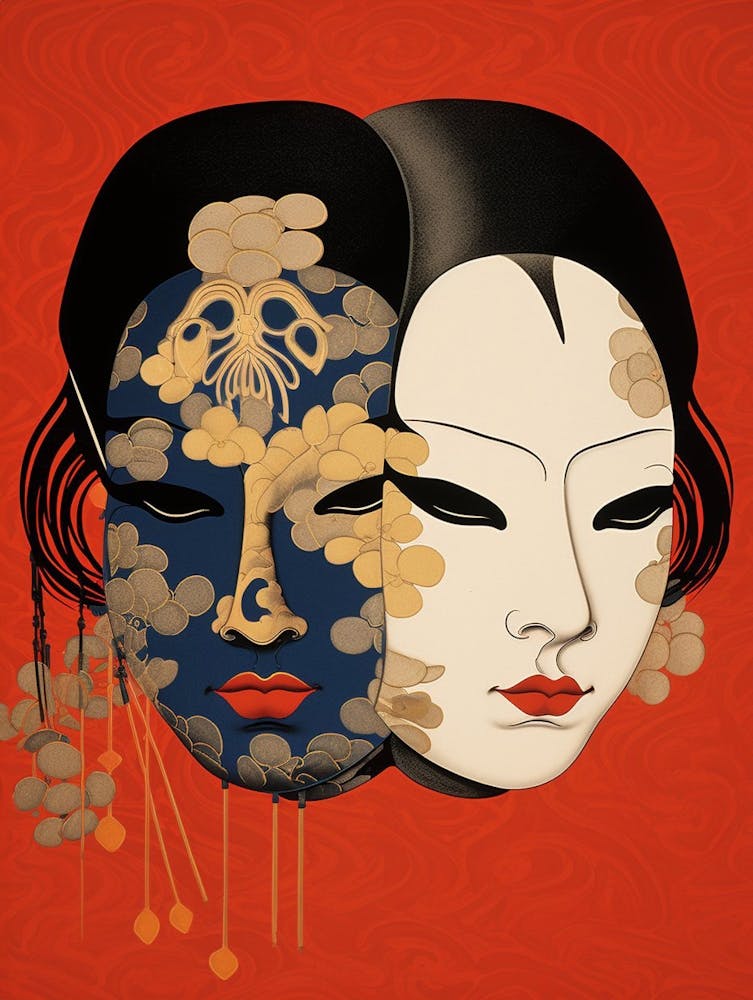 Noh Masks Japanese Style Illustration 8