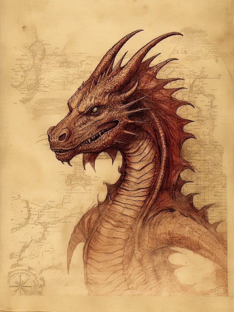 Vintage Dragon Line Drawing 