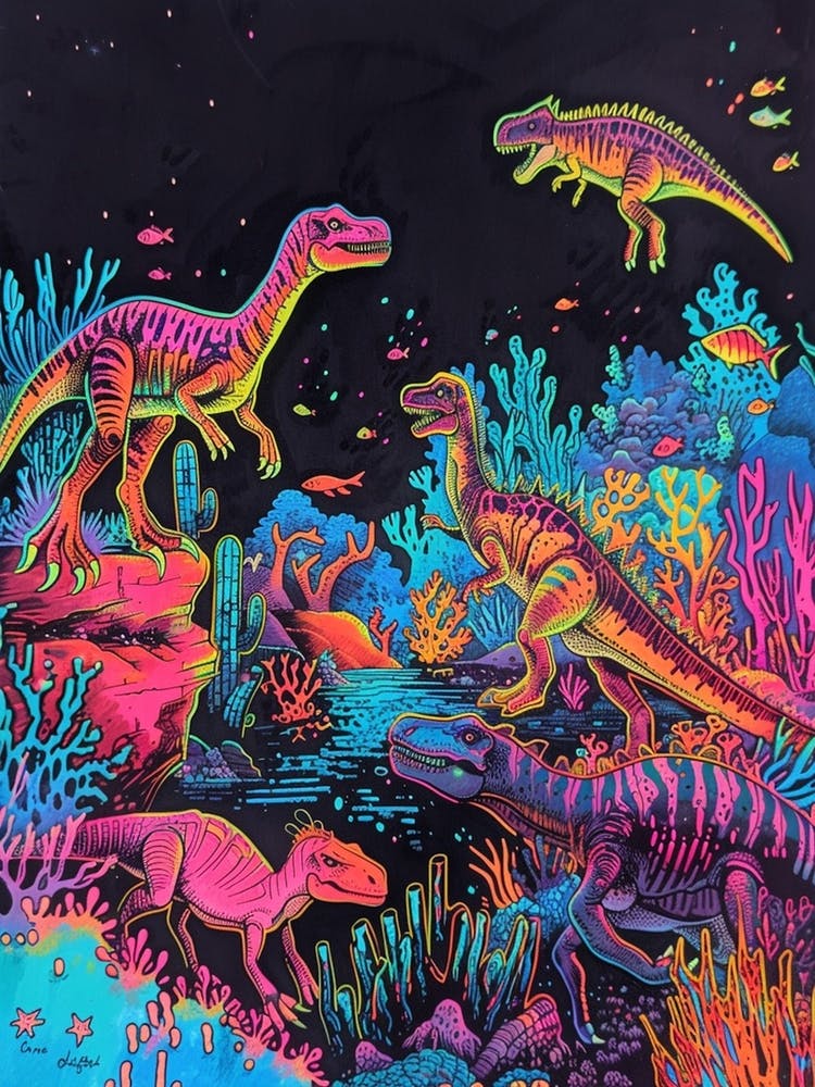 Neon Dinosaurs Underwater