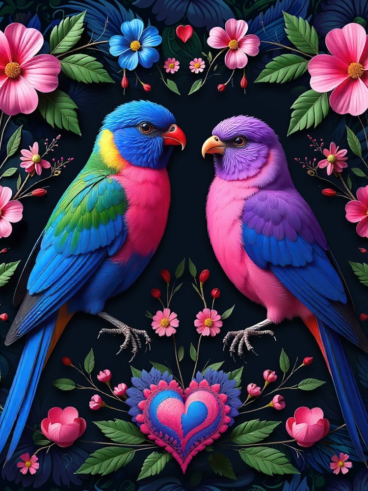 Tropical birds and flowers and love - St. Valentines Day colorful poster 2