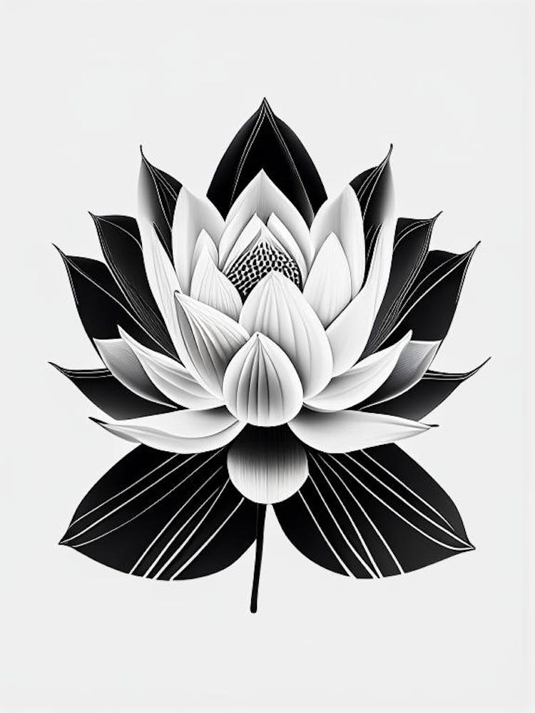 Lotus Flower In Garden Black And White Geometric 1