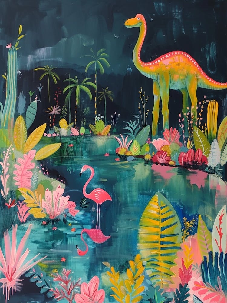 Dinosaur With The Flamingos Painting 1