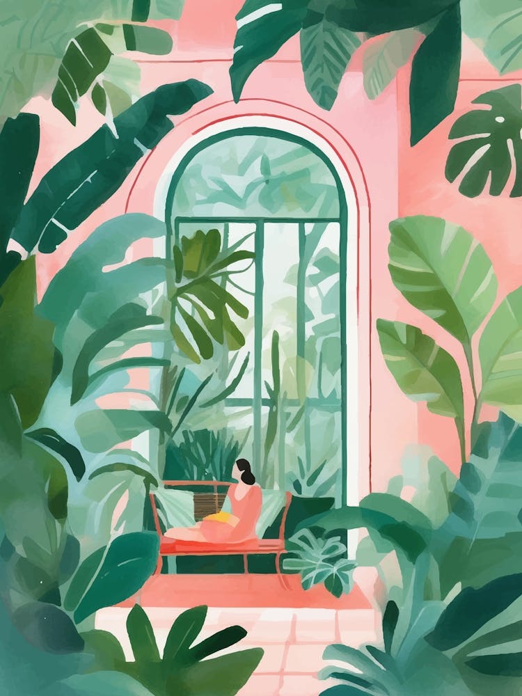 Illustration Of A Woman In A Tropical Garden