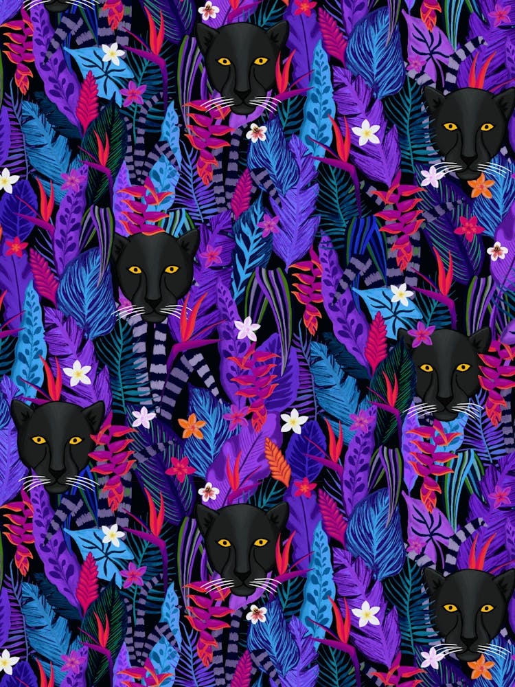 Black Panther in the Jungle - Wild Cat Maximalist Vibrant Blue Purple Rain Forest