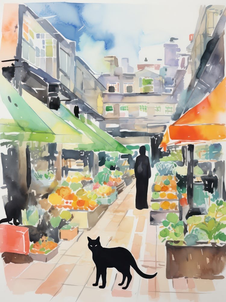 Food Market With Cats In Tokyo 3 Watercolour