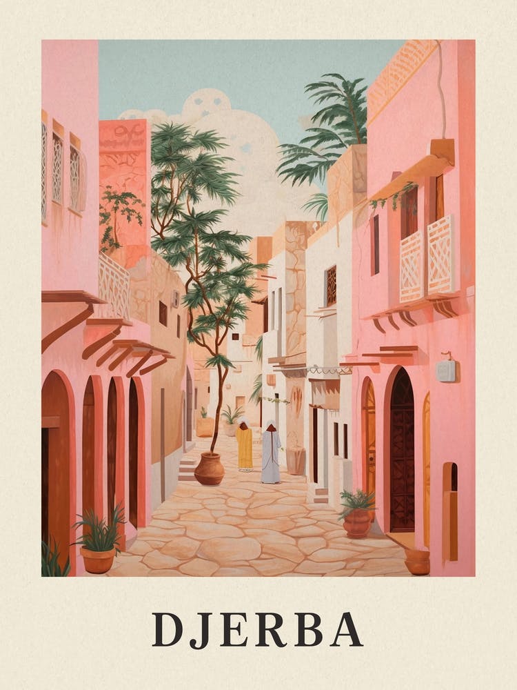 Djerba Tunisia 4 Vintage Pink Travel Illustration Poster