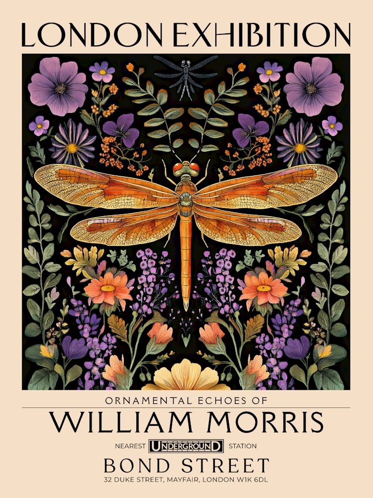William Morris Dragonfly and floral artwork, insect and flower pattern vintage Botanical print for cottagecore, maximalist decor,floral tapestry Victorian nature illustration bedroom vintage decor 22