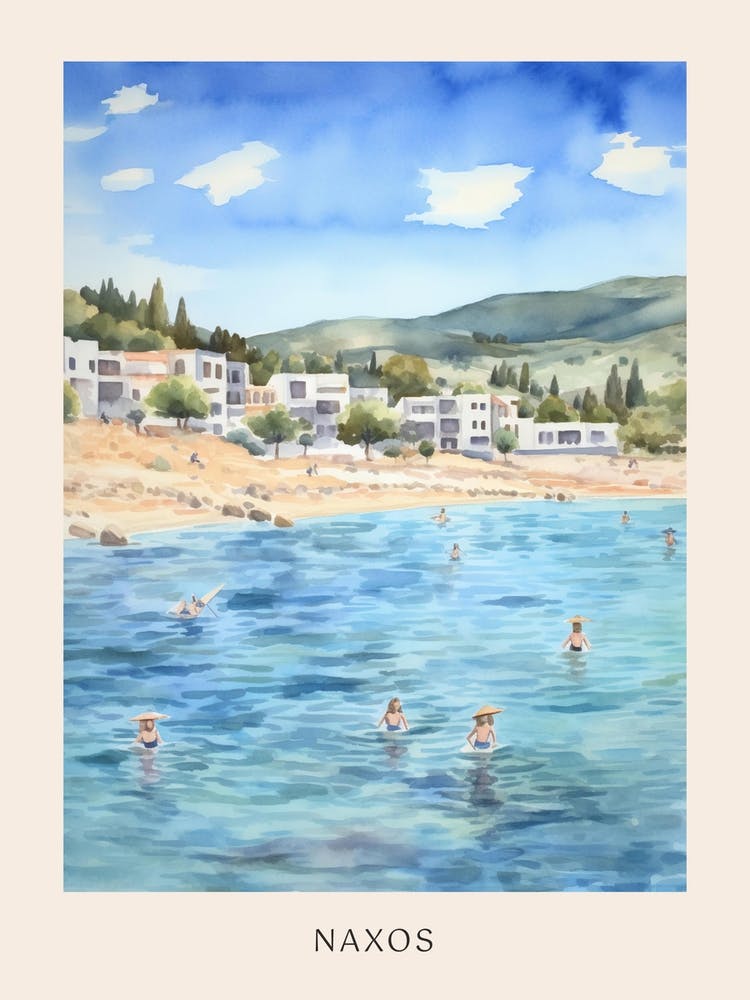 Swimming In Naxos Greece 2 Watercolour Poster