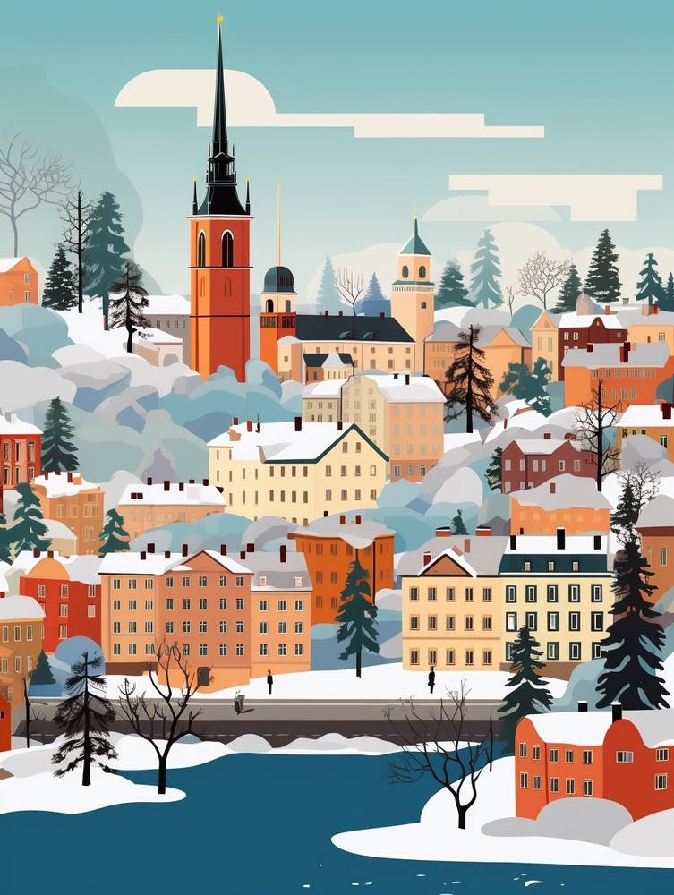 Retro Winter Illustration Stockholm Sweden