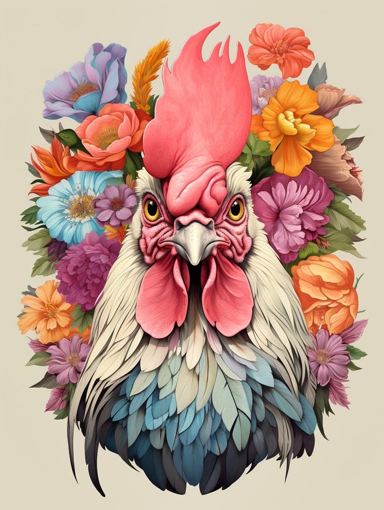 Oiseau avec une couronne de fleurs Coq