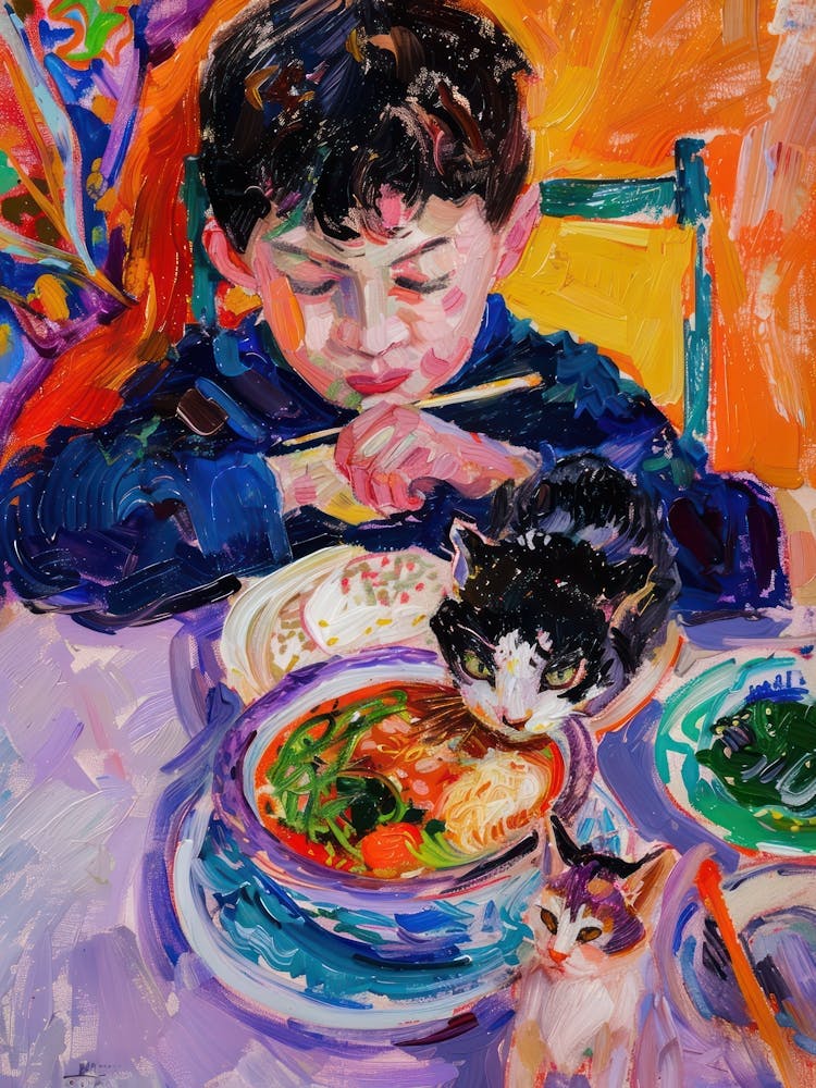 Portrait Of A Boy With Cats Having Ramen 1