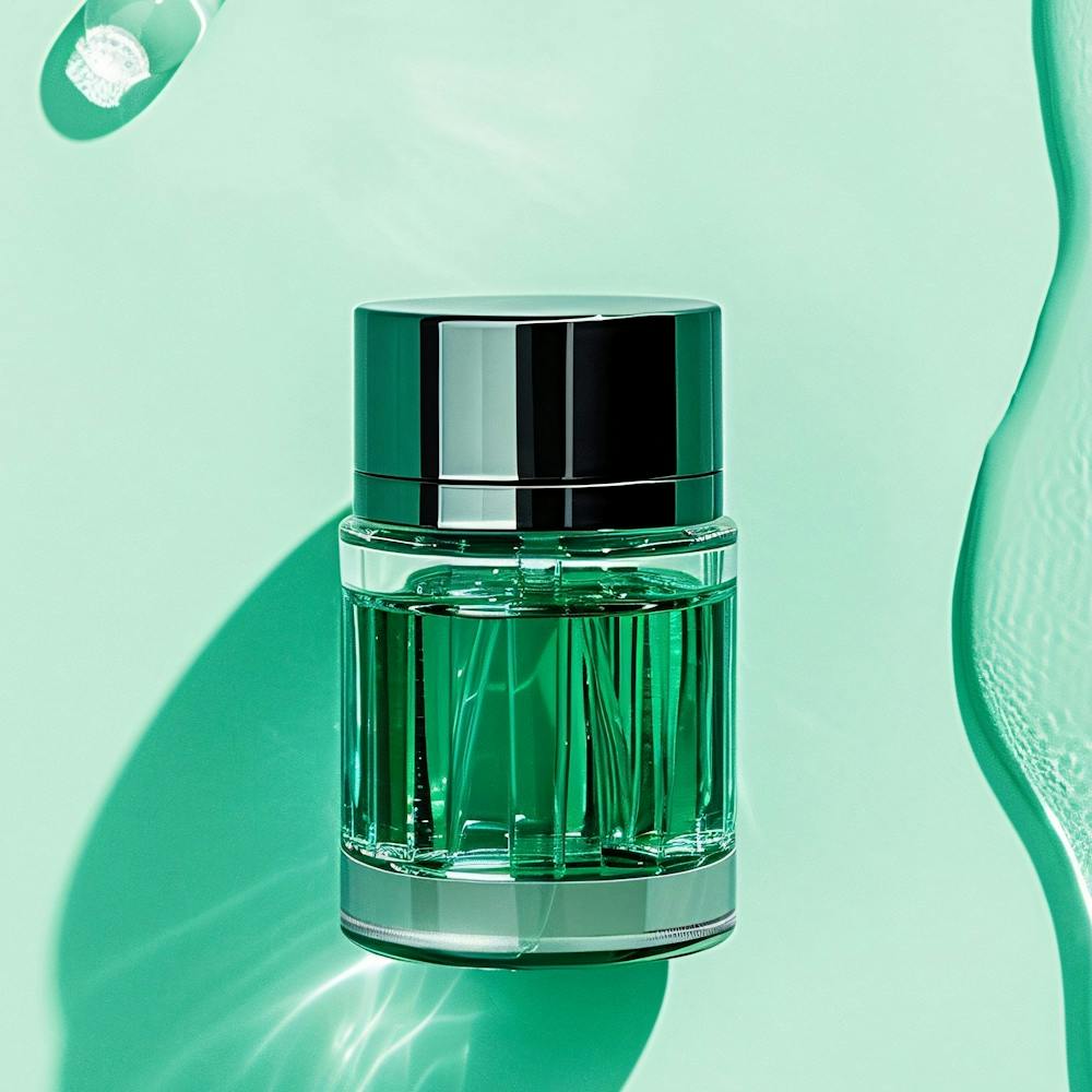 Green Perfume Bottle On A Green Background