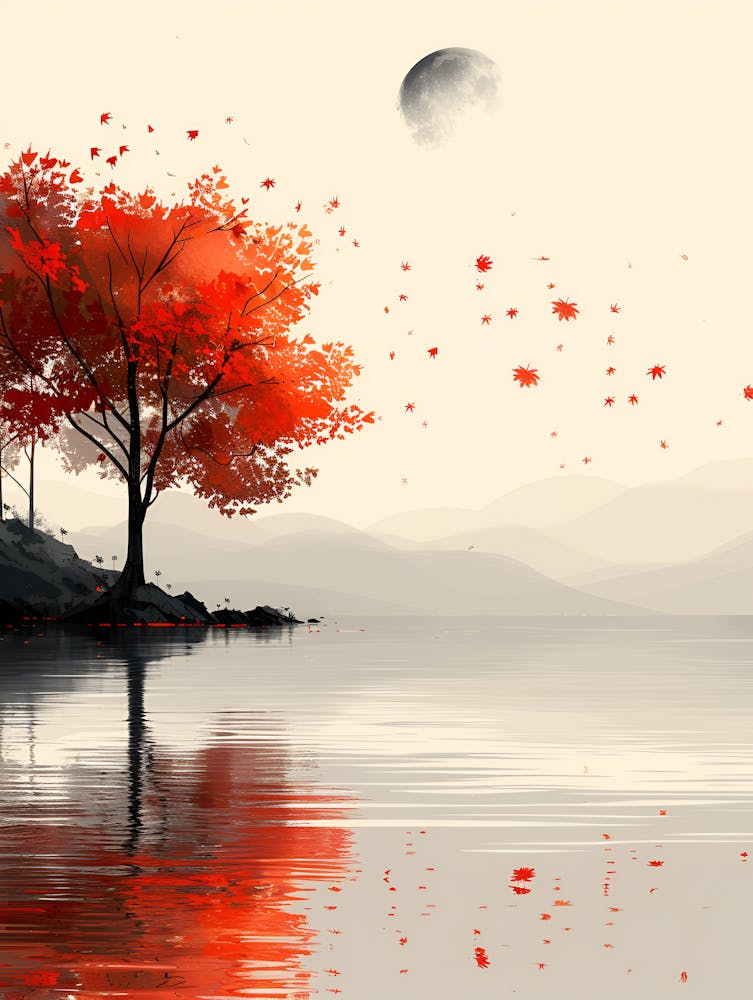 Red Tree By The Lake