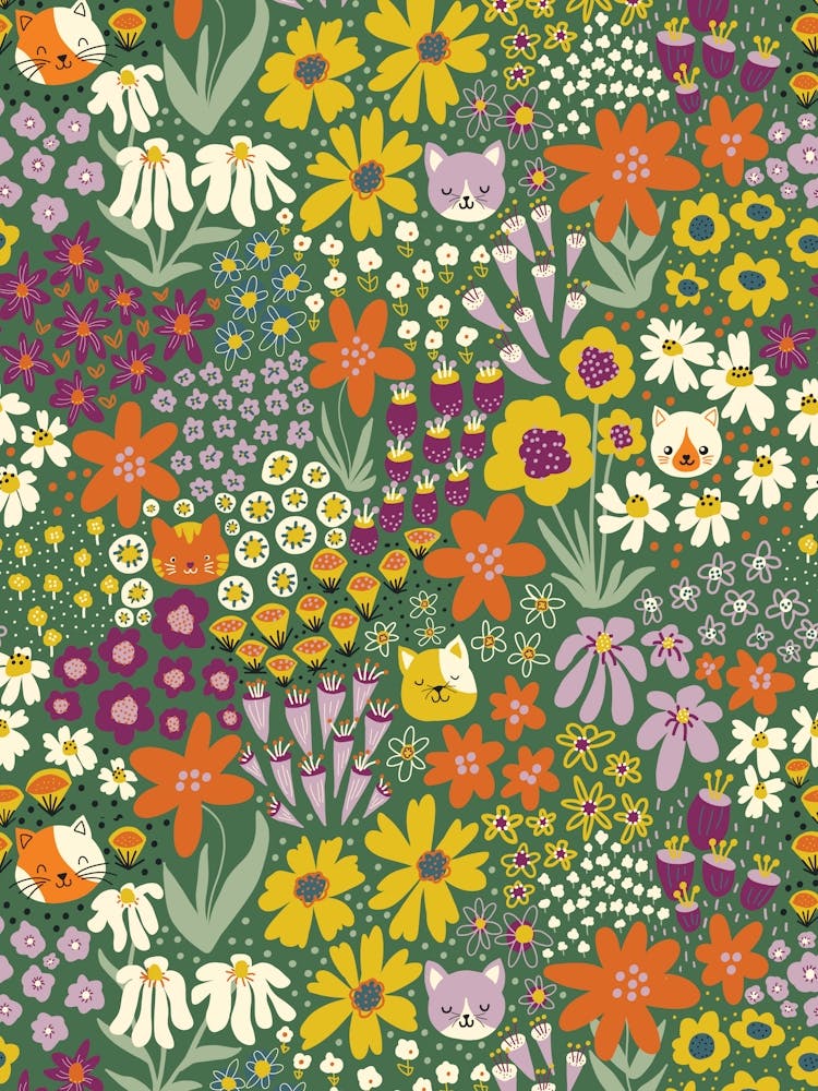 Happy Cats Hiding in the Flower Field - Orange, Yellow, Purple, on Green Kids